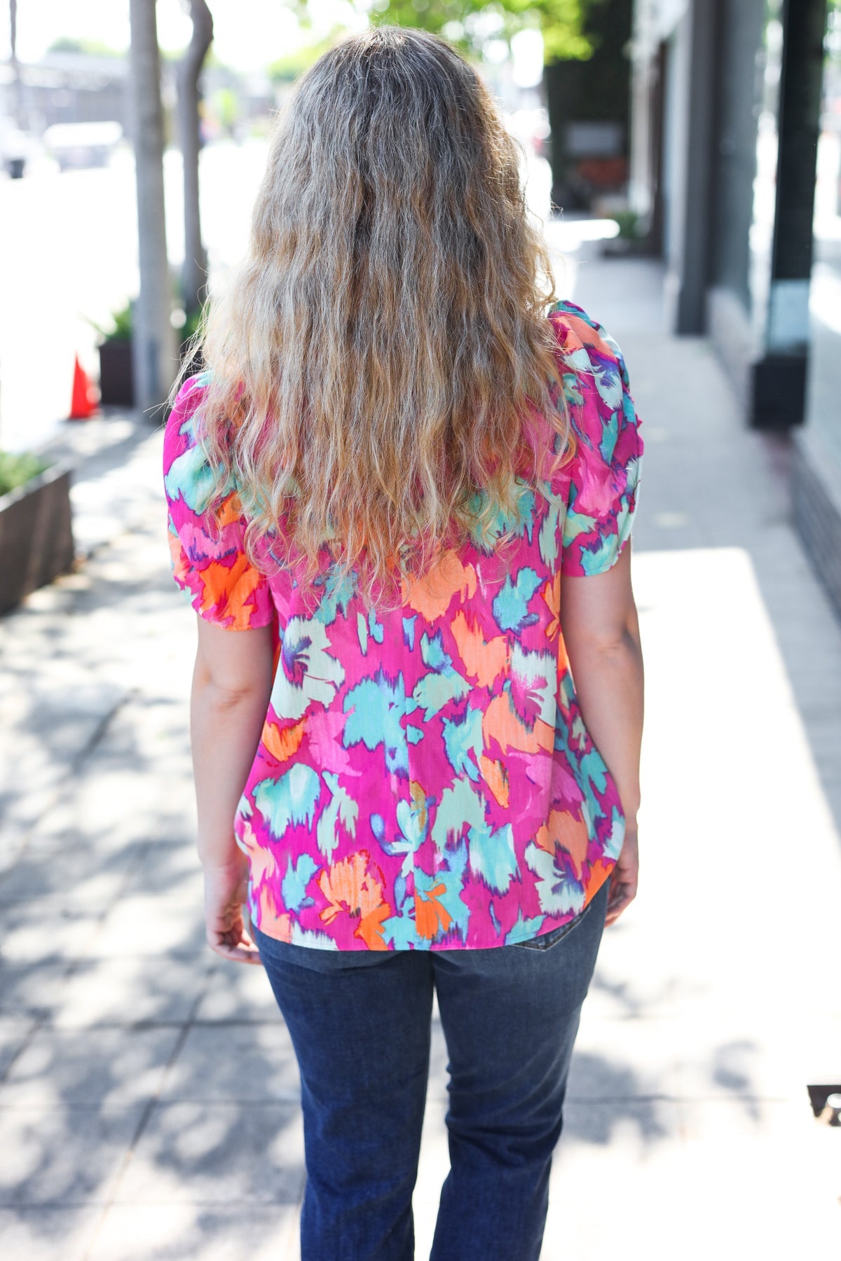 Summer Vibes Fuchsia Abstract Print Frill Notch Neck Puff Sleeve Top