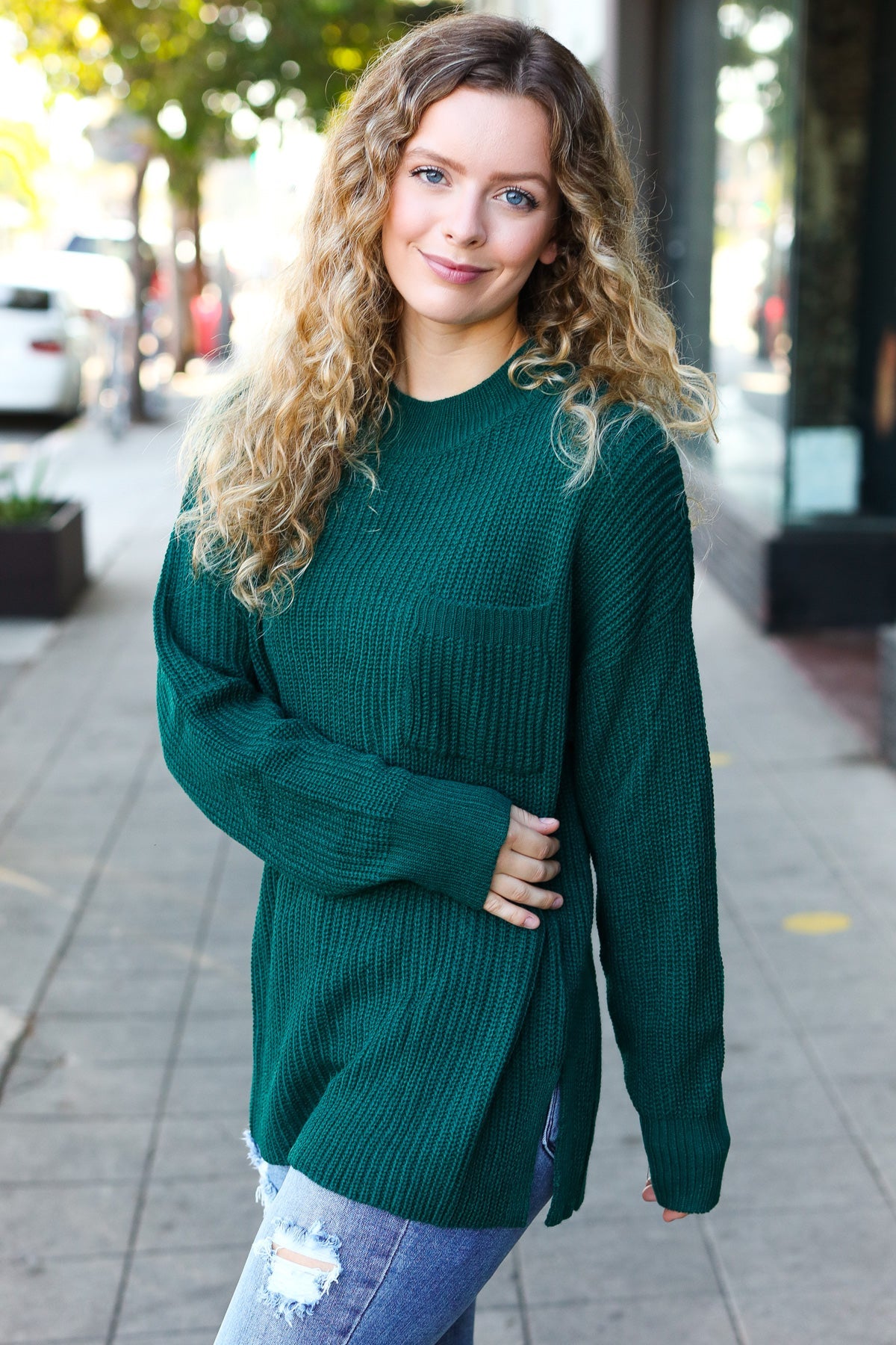 Classy Chic Hunter Green Mock Neck Chest Pocket Knit Sweater