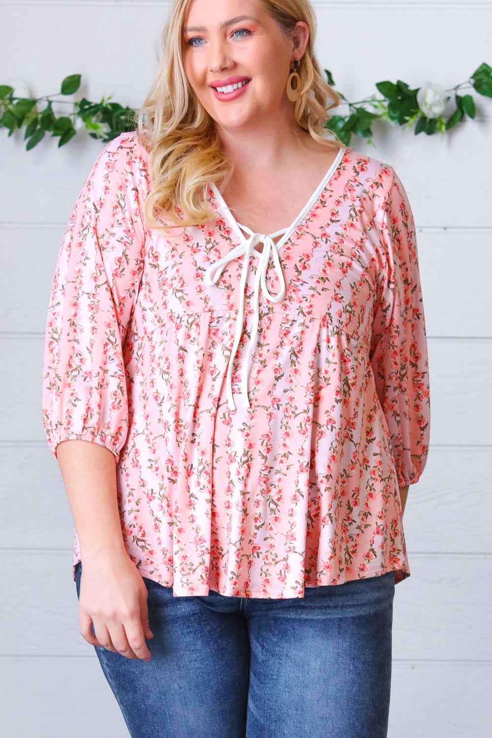 Pink Floral Stripe V Tie Neck Knit Top