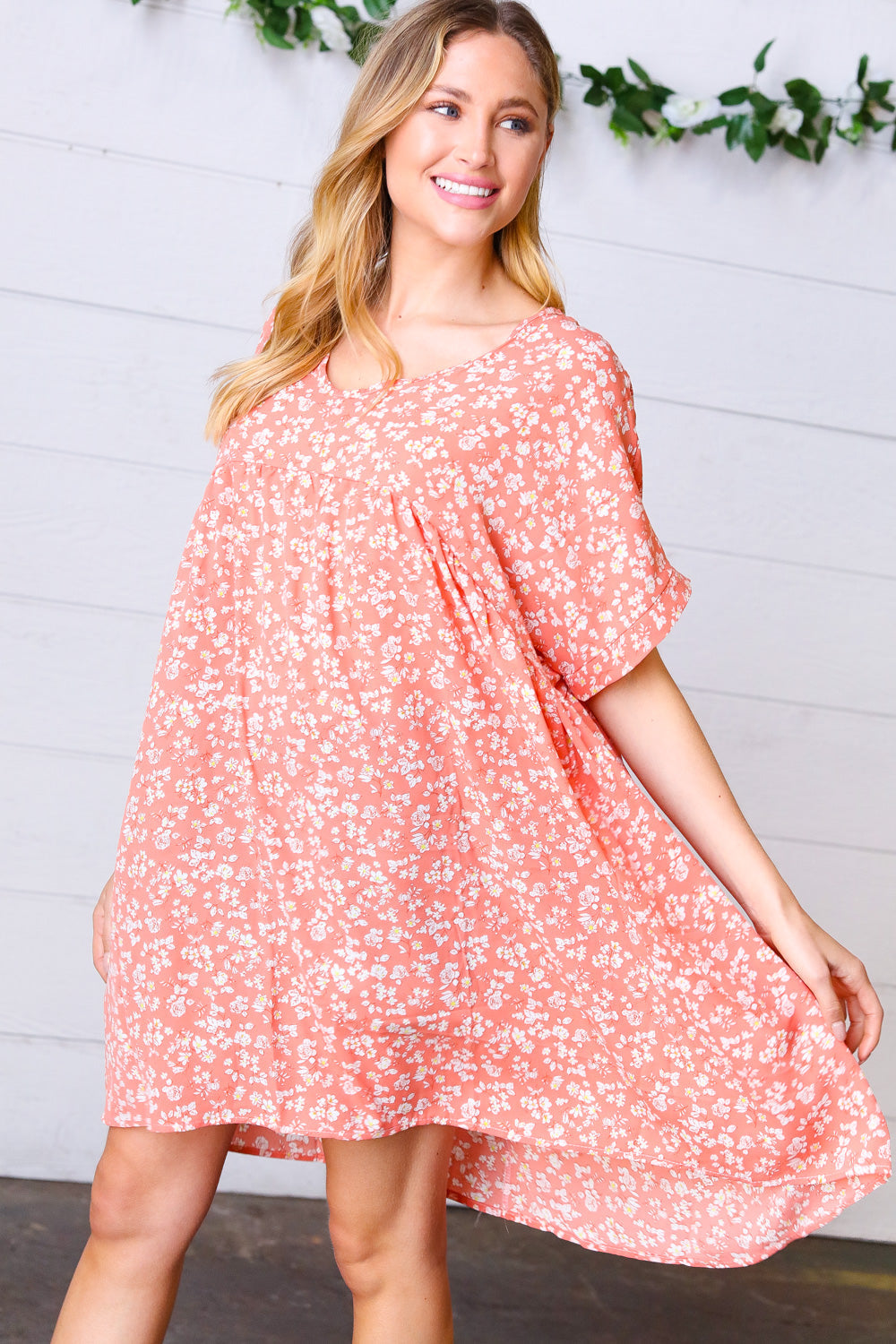 Peach Ditzy Floral Woven Dolman V Neck Dress