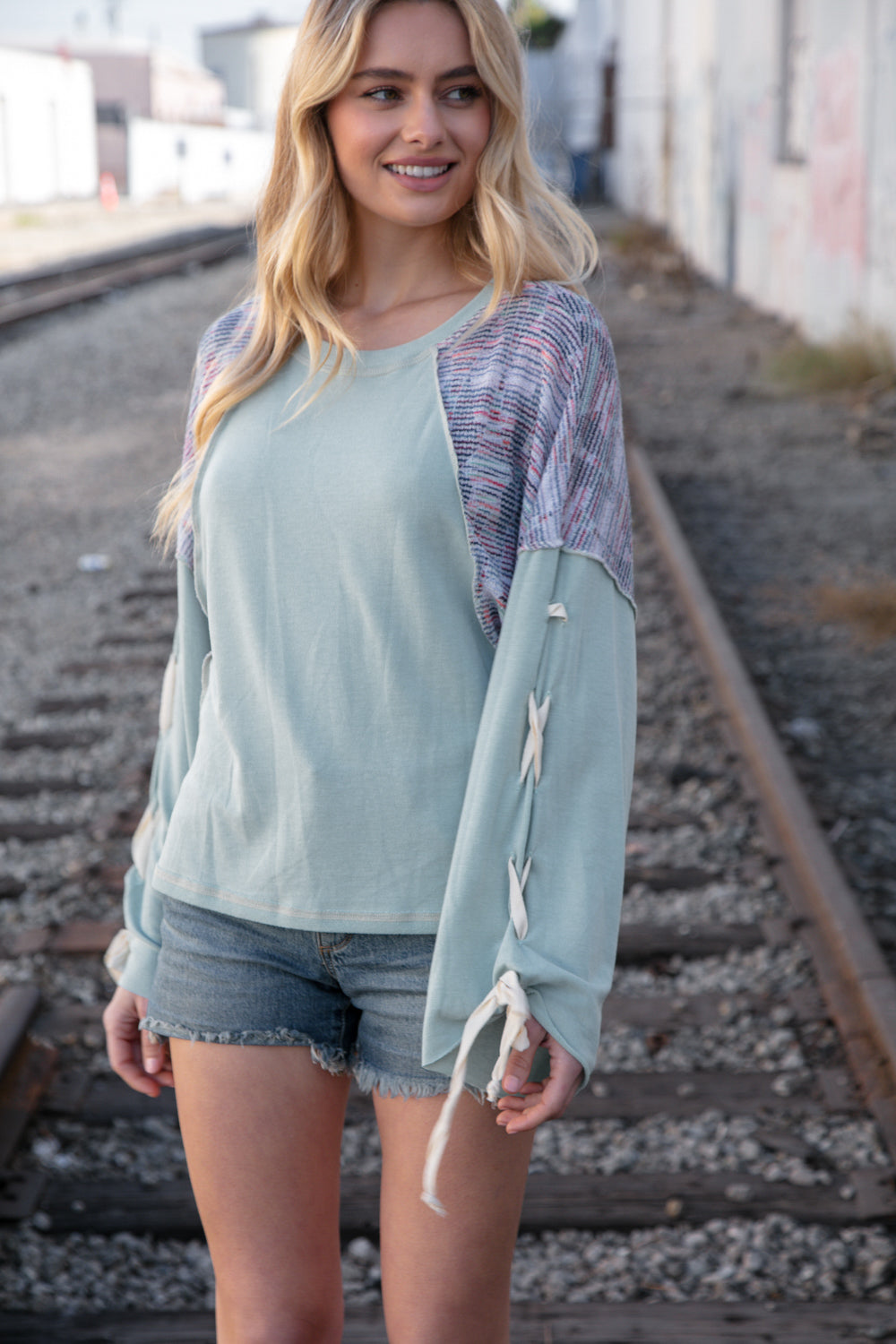 Mint Lace Up Long Sleeve French Terry Oversized Pullover