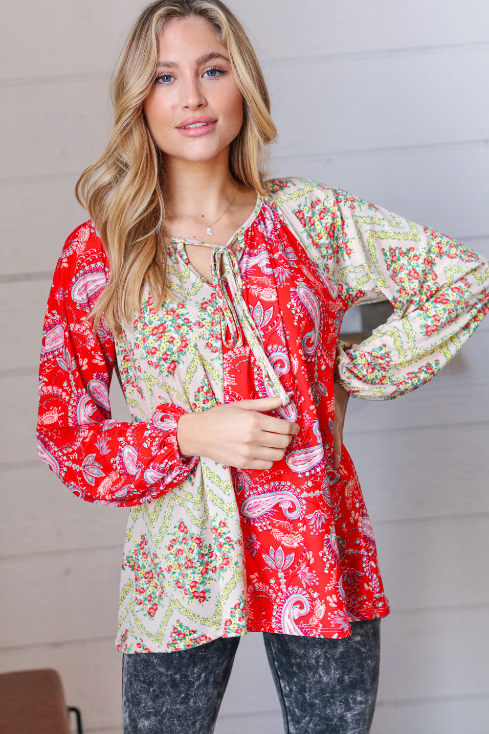 Scarlet Paisley and Floral Chevron Bubble Sleeve Top