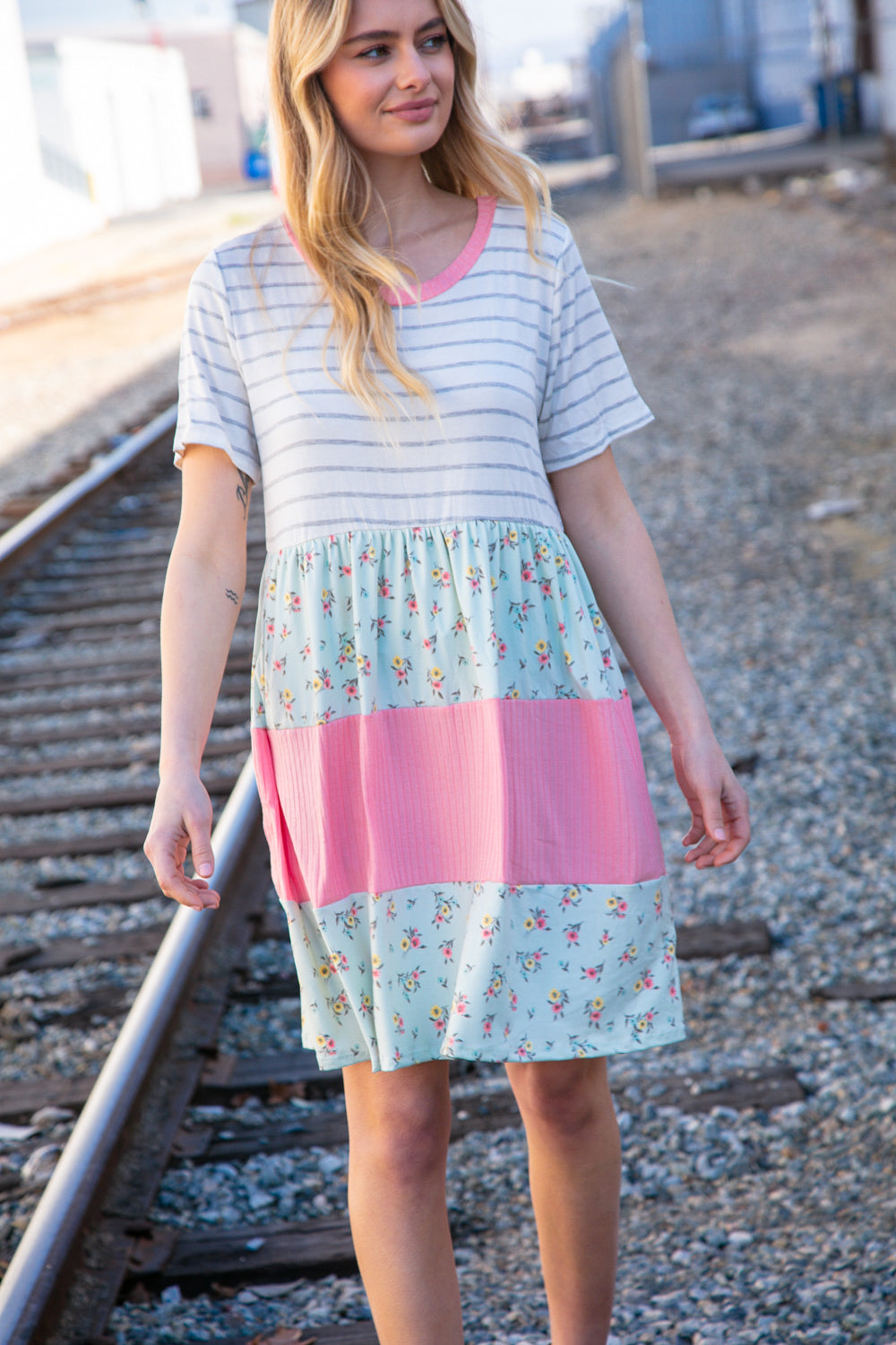 Floral and Stripe Color Block Fit and Flare Rib Dress