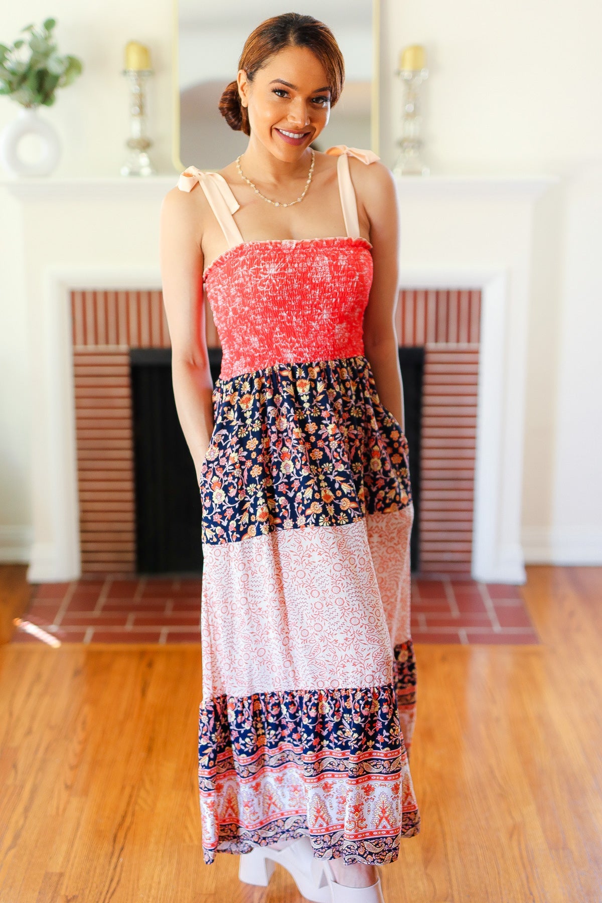 Vacay Vibes Orange Floral Smocked Tube Top Tiered Maxi Dress