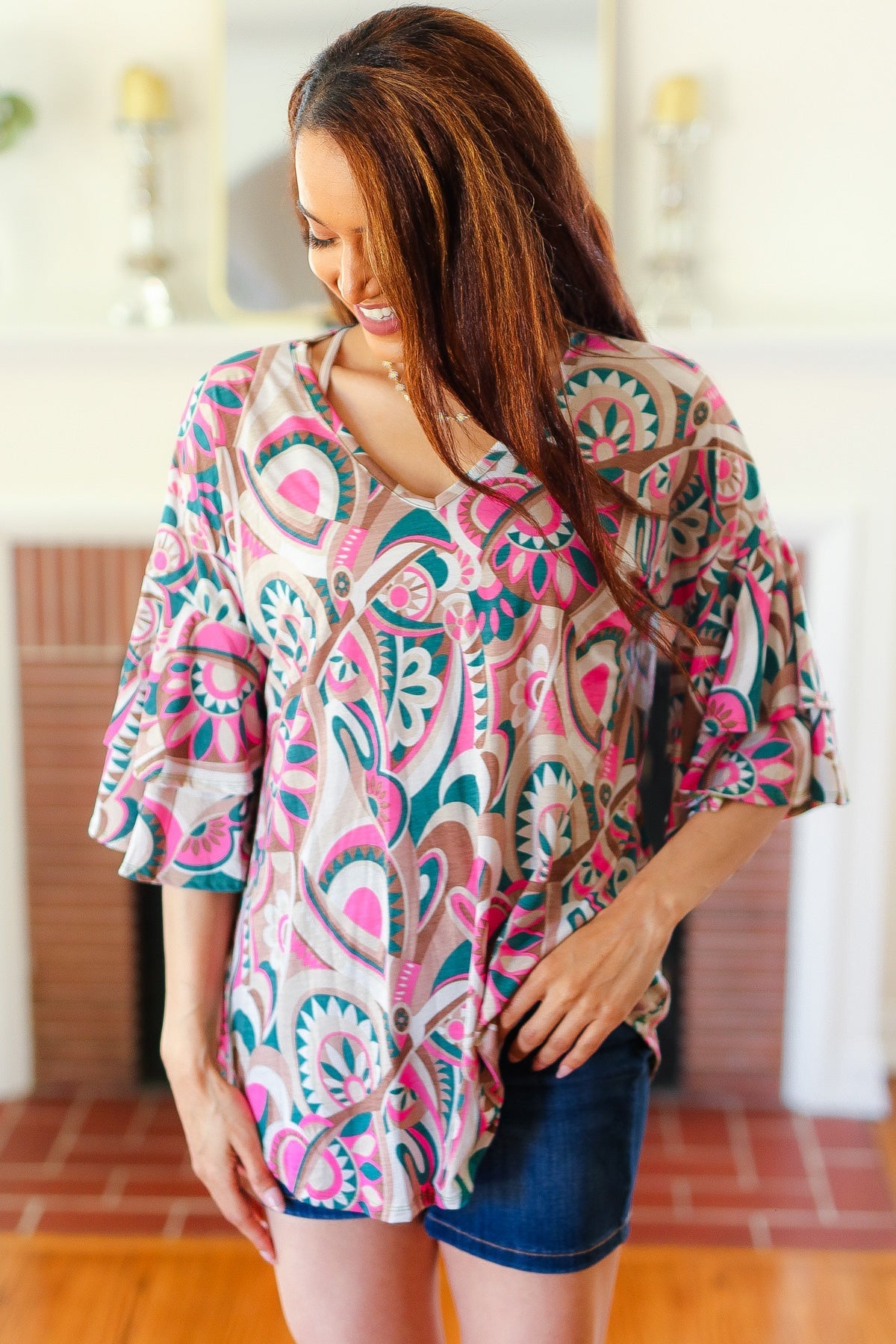 Eyes On You Teal Paisley Double Ruffle Sleeve Top