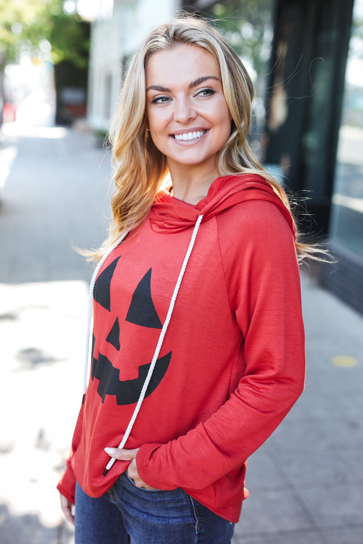 Halloween Jack-O-Lantern Terry Thumb Hole Double Hoodie