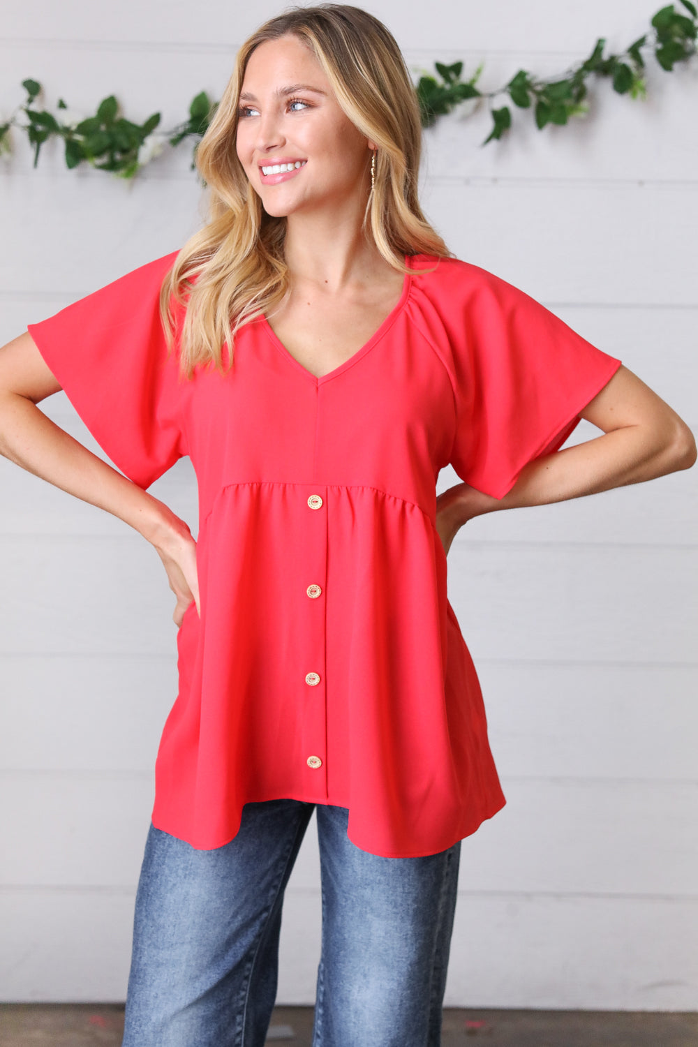 Cherry Red Babydoll Button Down Raglan Woven Top