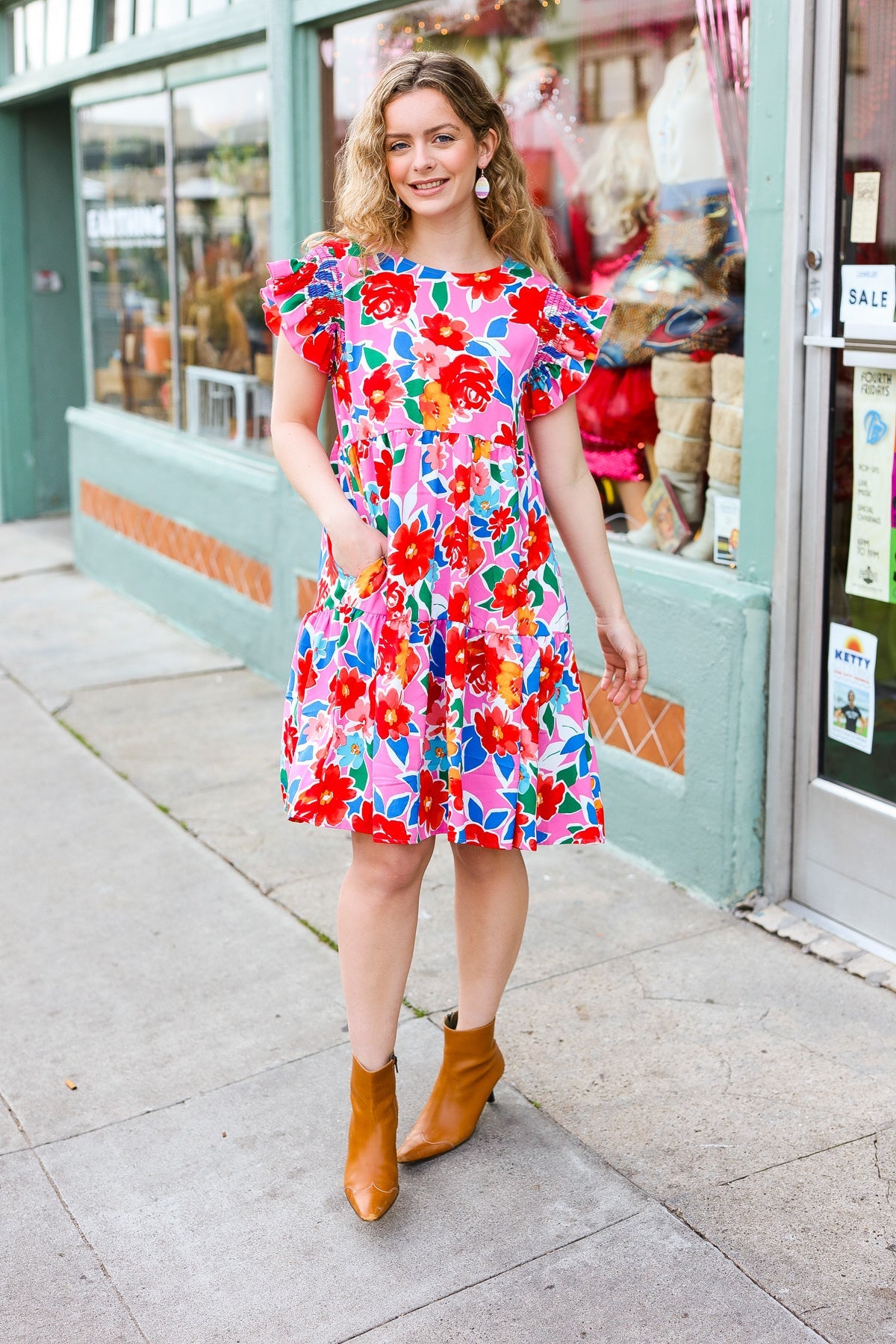 Love Found Pink Floral Smocked Ruffle Sleeve Tiered Dress