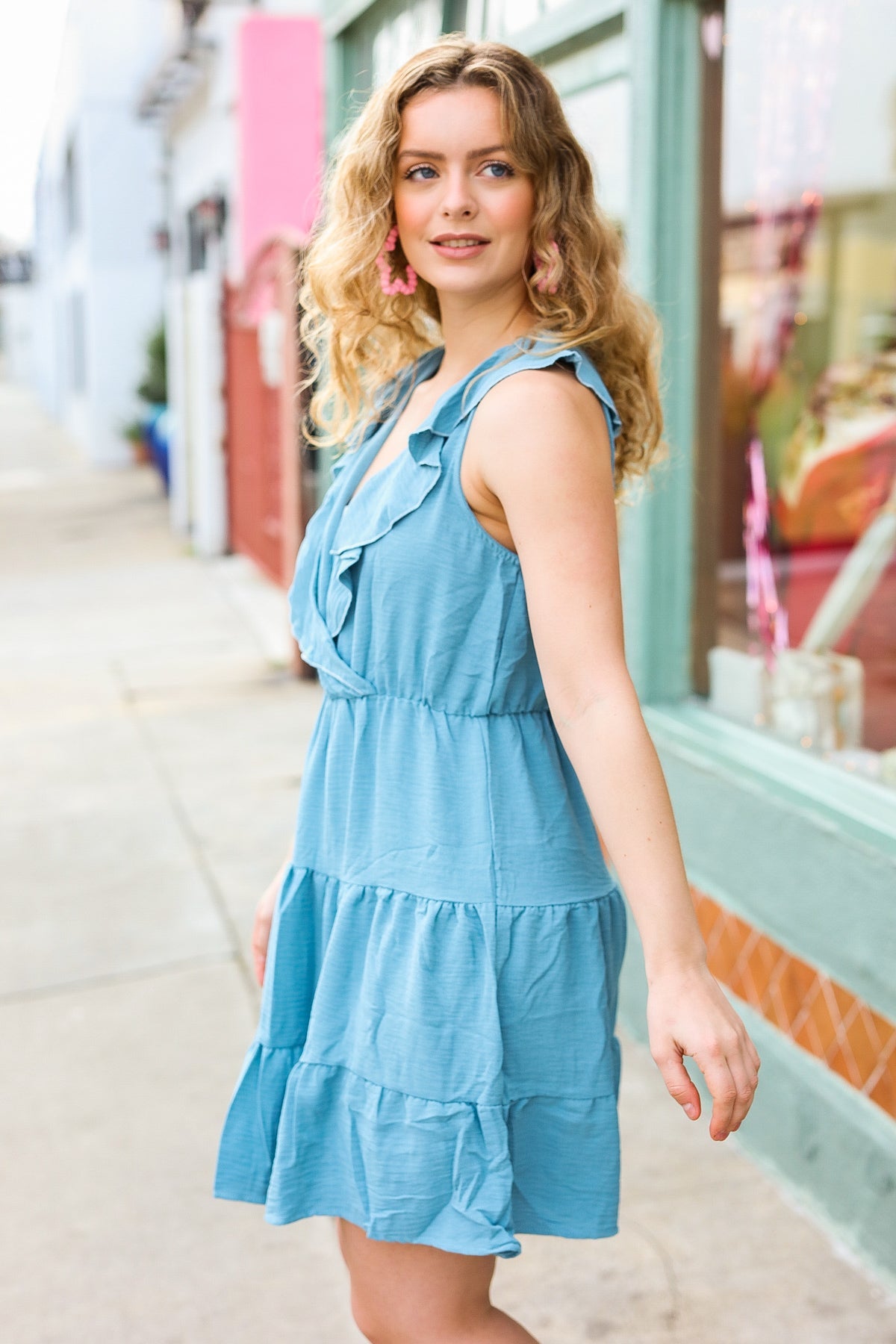 Find Romance Aquamarine Surplice Ruffle Tiered Dress