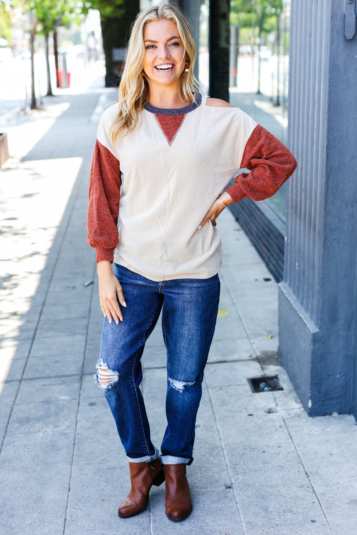 Oatmeal Textured Sweater Knit Cold Shoulder Top