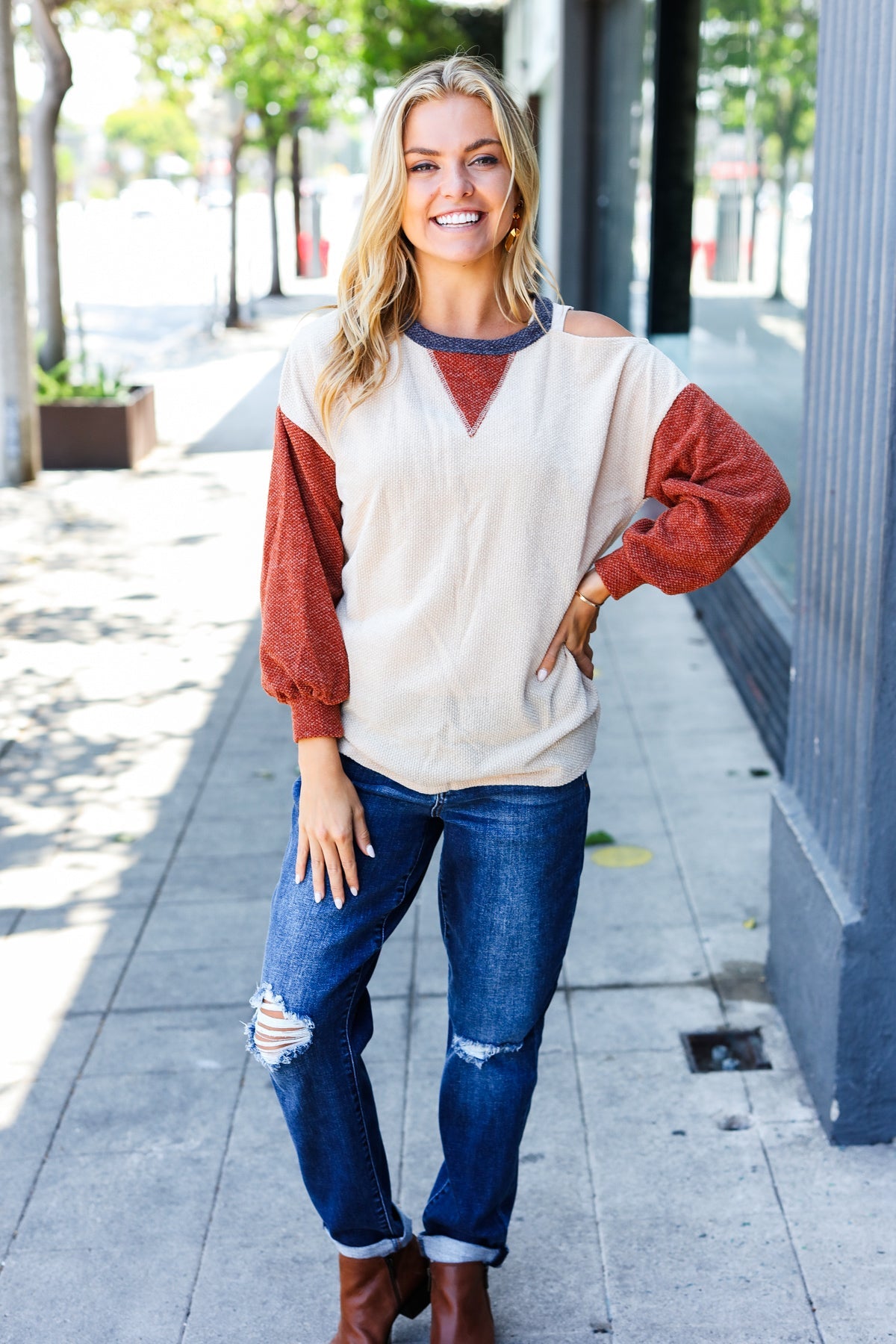 Oatmeal Textured Sweater Knit Cold Shoulder Top