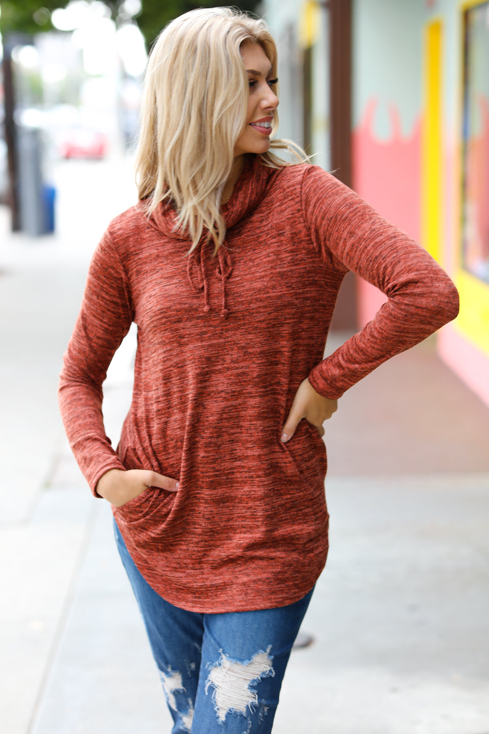 Rust Marled Cowl Neck Pocketed Top