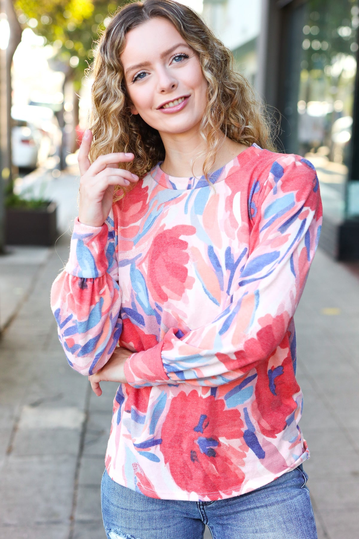 On My Heart Blush Floral Brushed Hacci Sweater Top