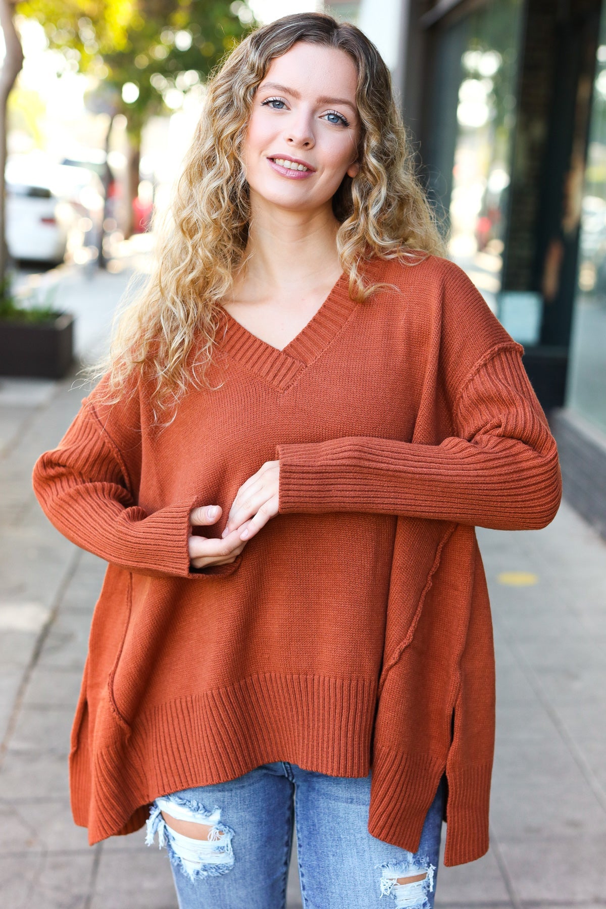 Casual Chic Rust Oversized V Neck Rib Knit Sweater