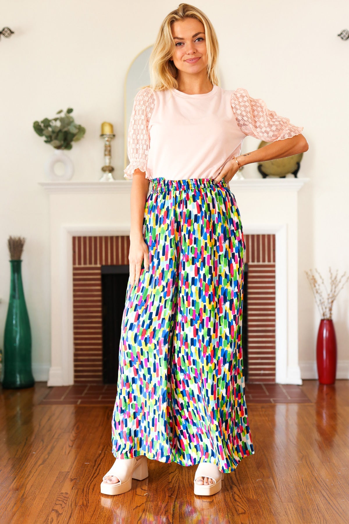 Stand Out Navy & Green Abstract Print Smocked Waist Palazzo Pants