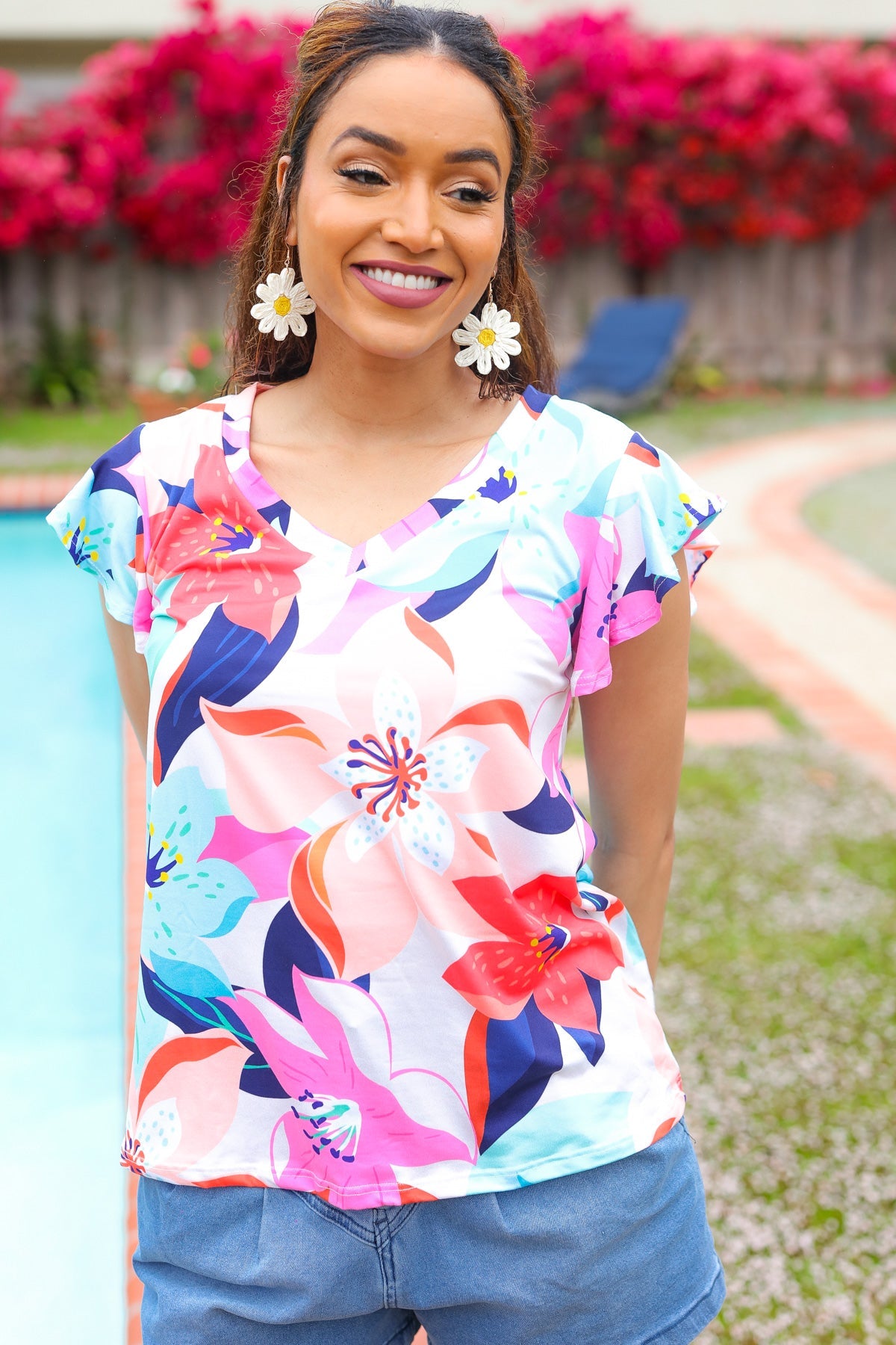 Summer Vibes Coral Tropical Print Flutter Sleeve Top