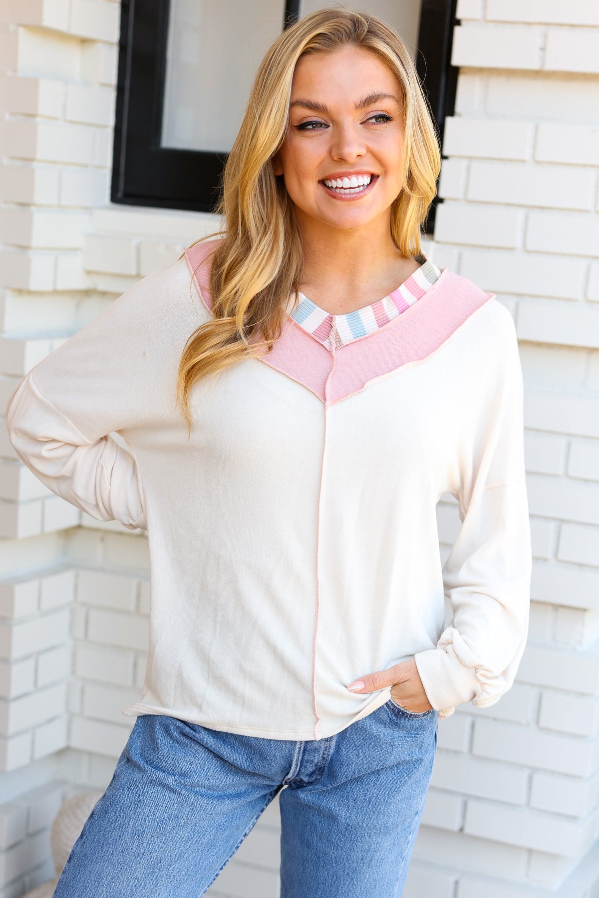 Champagne & Blush Rainbow Stripe Rib Chevron Top