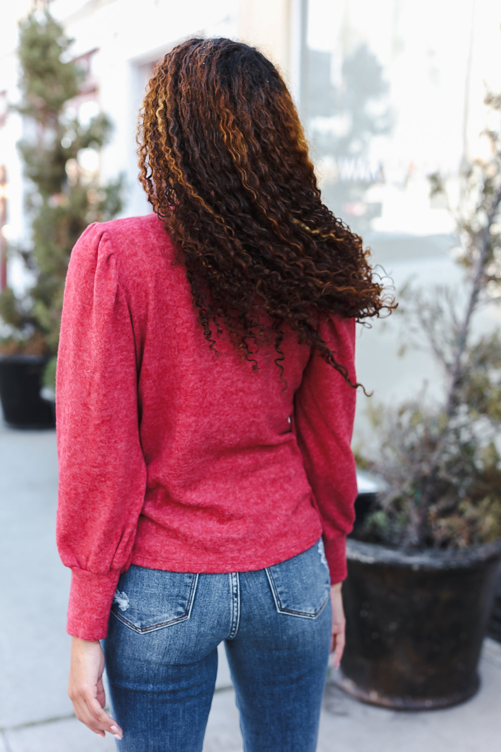 Stay Awhile Red Brushed Melange Puff Short Sleeve Sweater