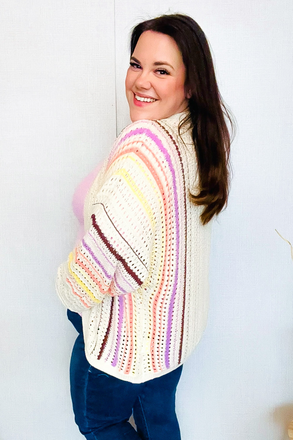 Easy Living Oatmeal Multicolor Stripe Dolman Crochet Cardigan