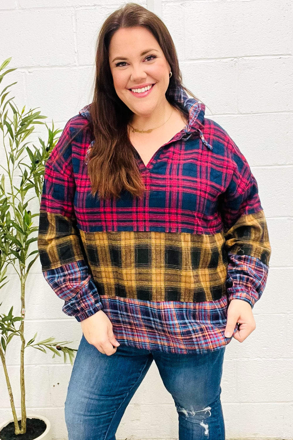 Holiday Ready Red & Mustard Plaid Notched Neck Flannel Hoodie