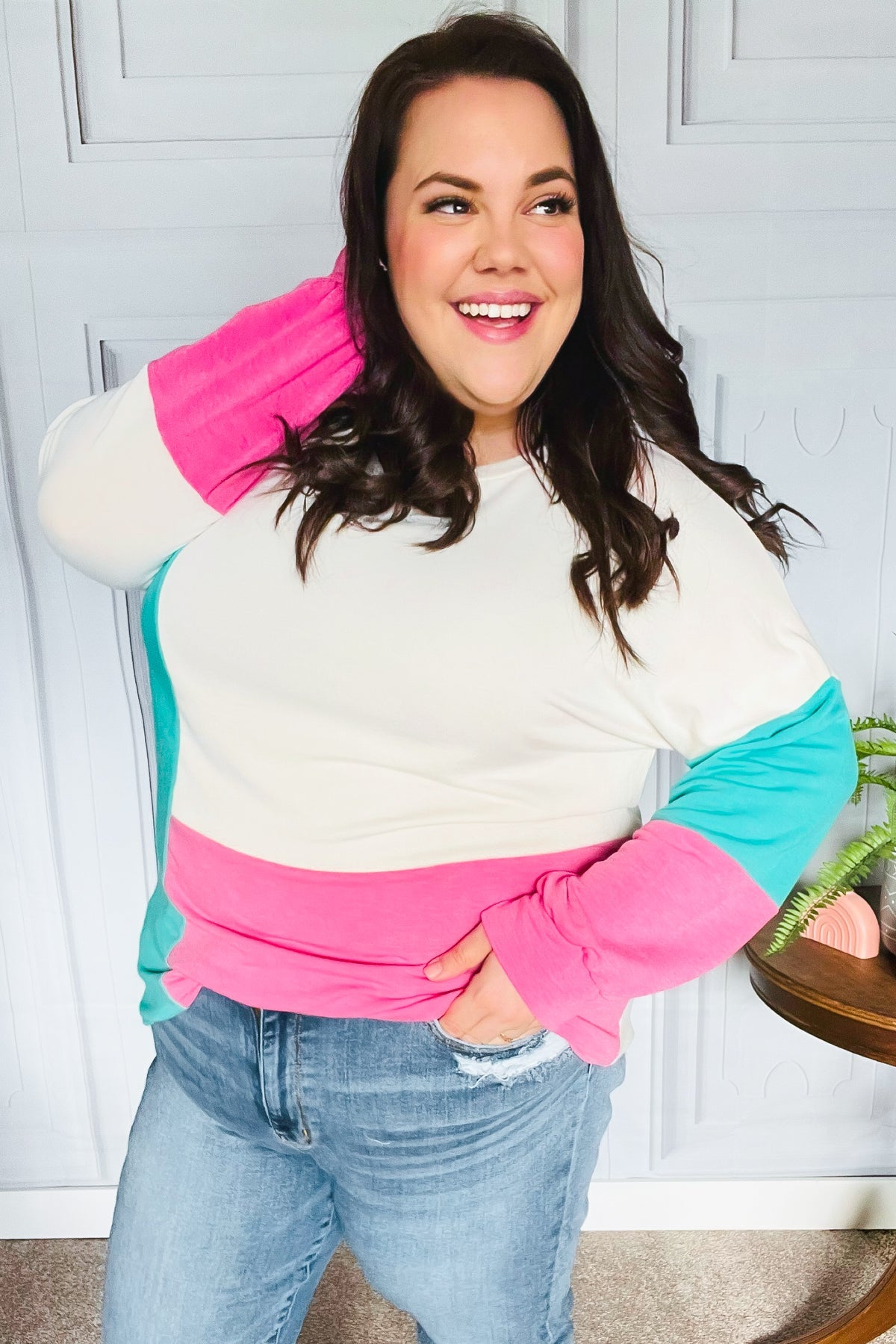 The Slouchy Mint & Pink Drop Shoulder Terry Color Block Top