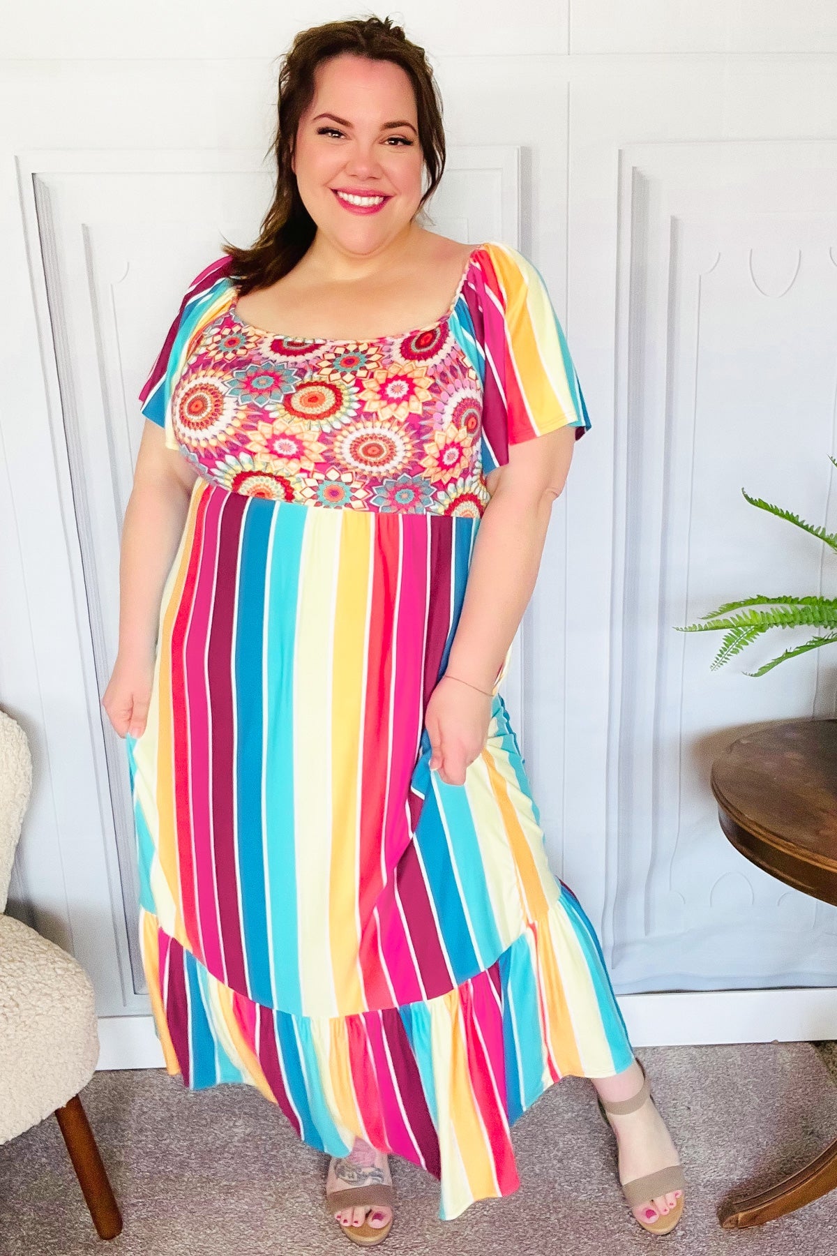 Feeling Bold Fuchsia & Teal Striped Medallion Crochet Print Dress