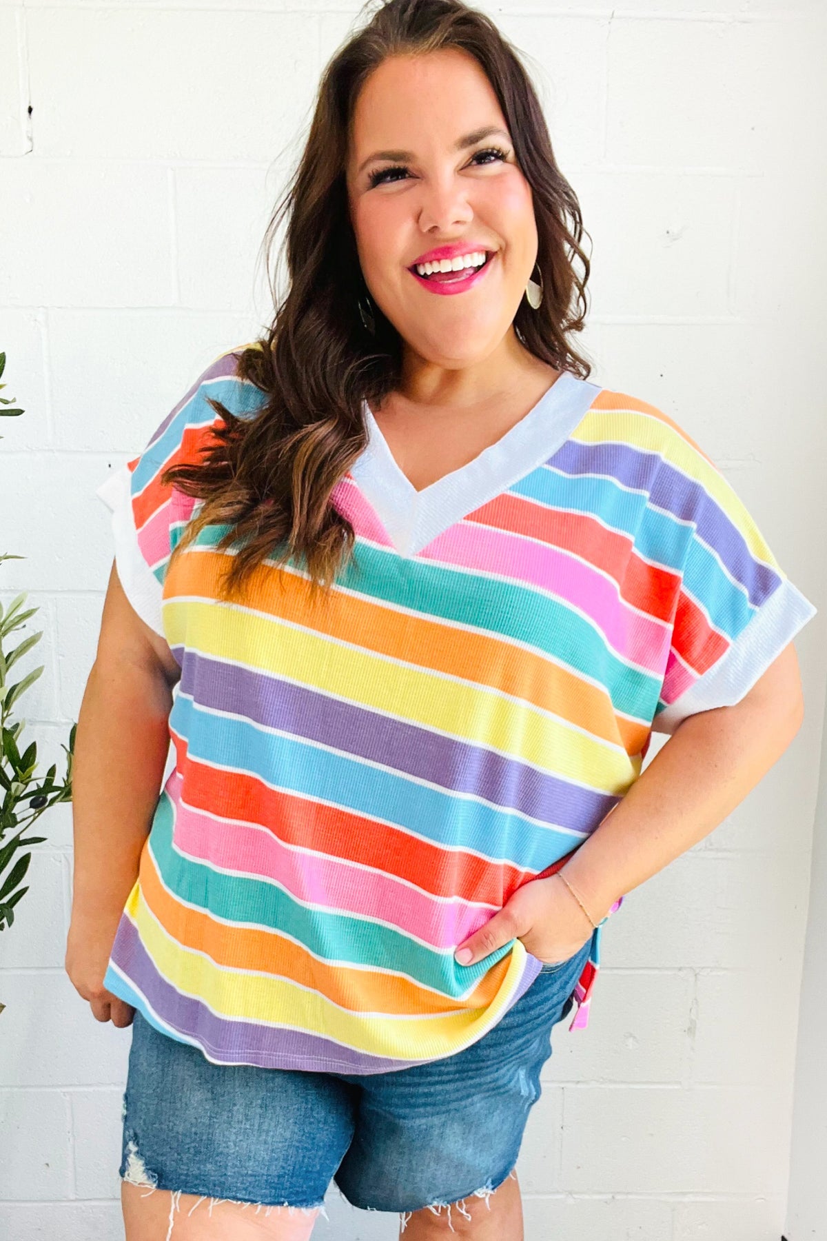 Sieze The Day Rainbow Striped V Neck Drop Shoulder Thermal Knit Top