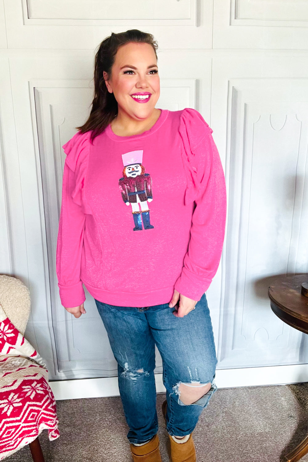 Holiday Hot Pink Sequin Nutcracker Ruffle Hacci Sweater