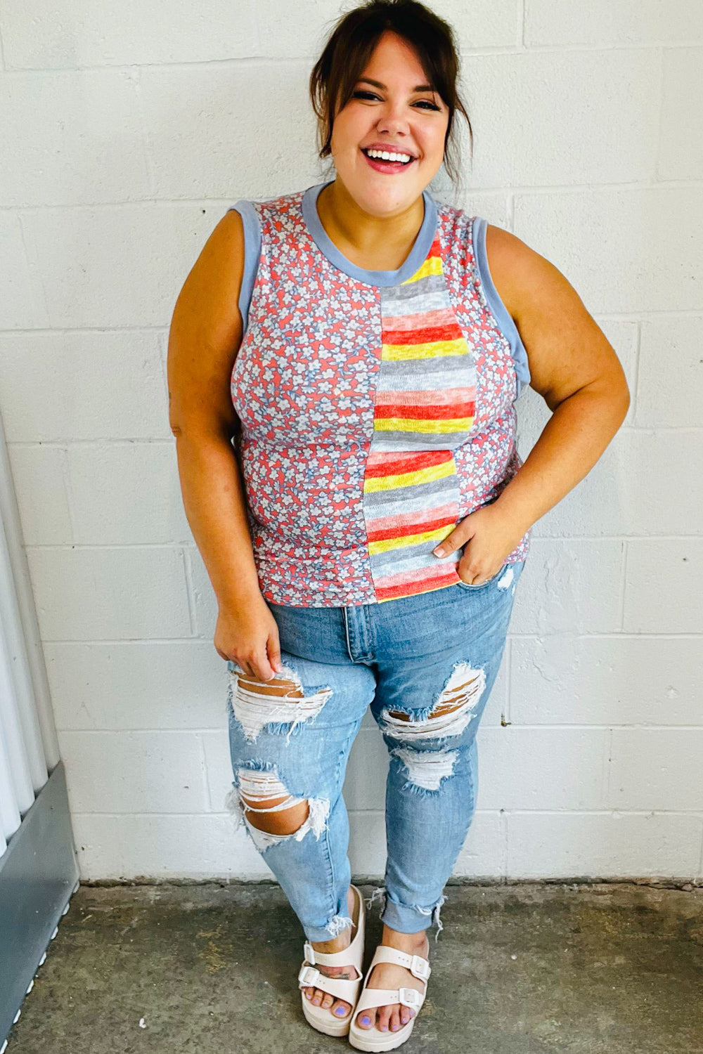 Coral & Denim Stripe Floral Print Tank Top