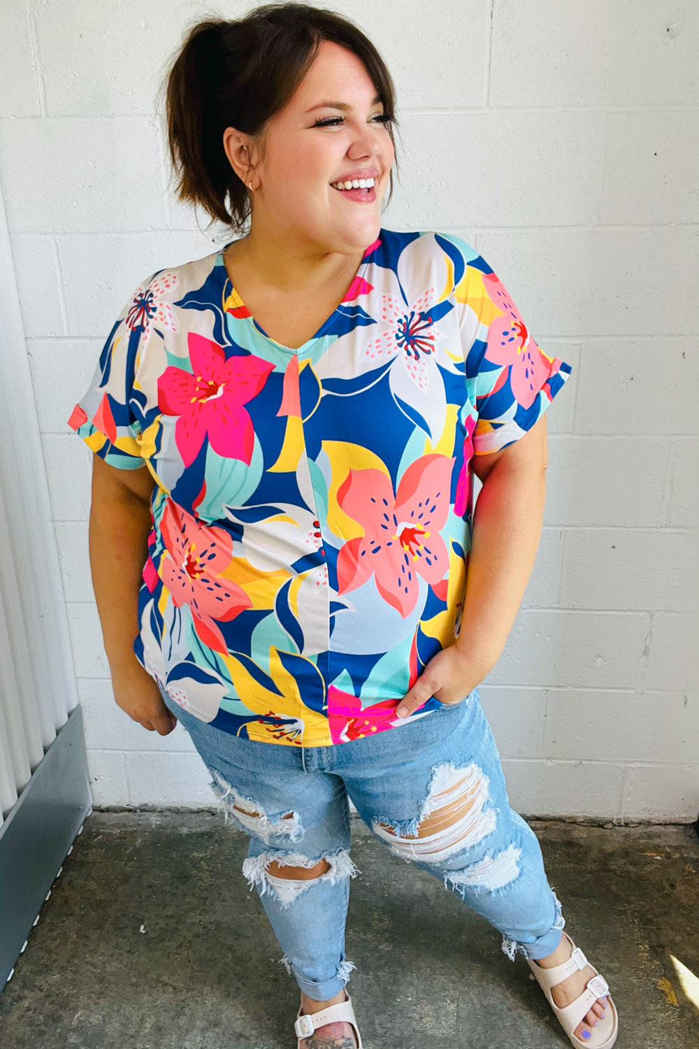 Navy & Yellow Tropical Floral V Neck Top