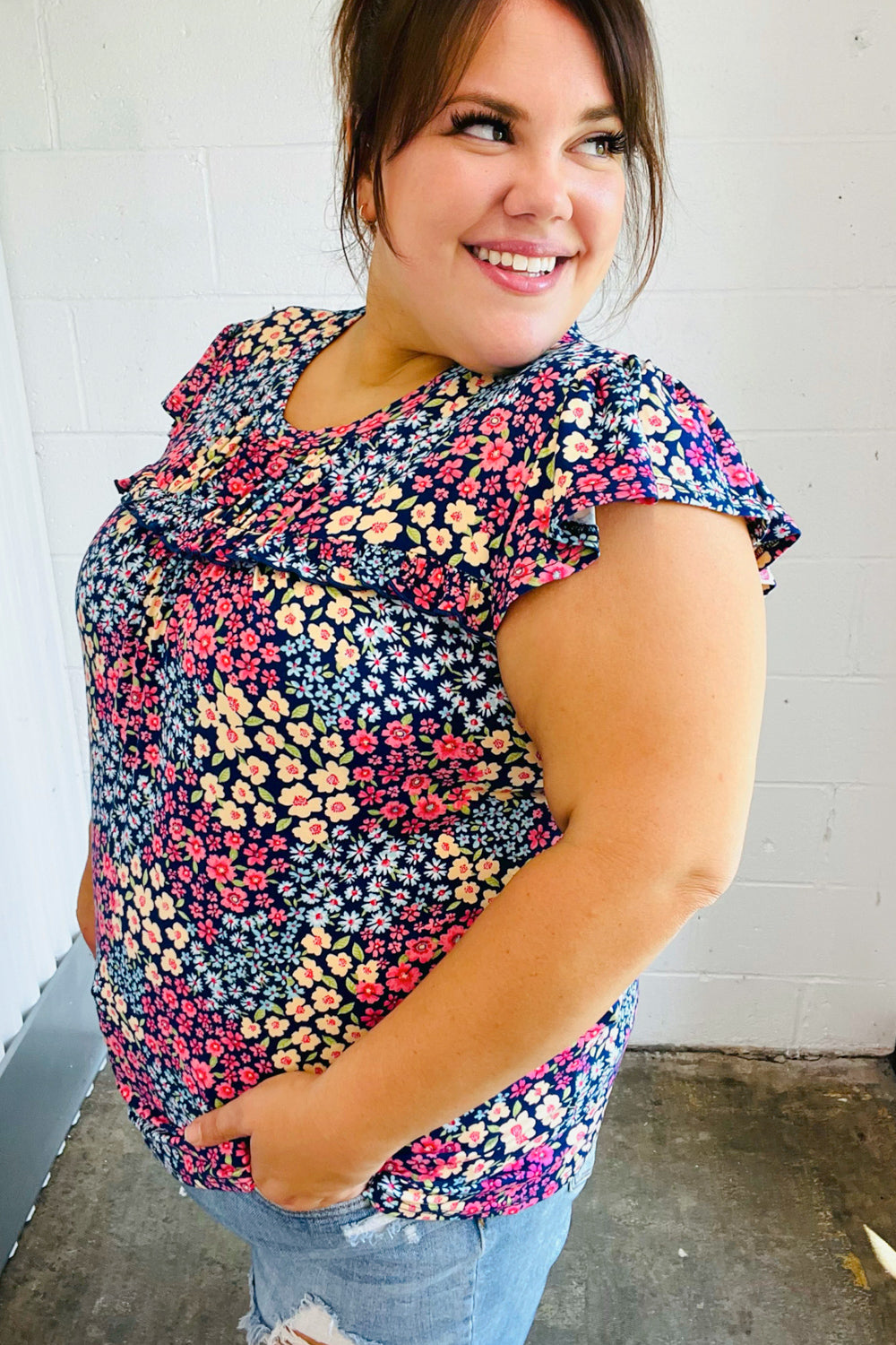 Navy Floral Print Frilled Short Sleeve Yoke Top