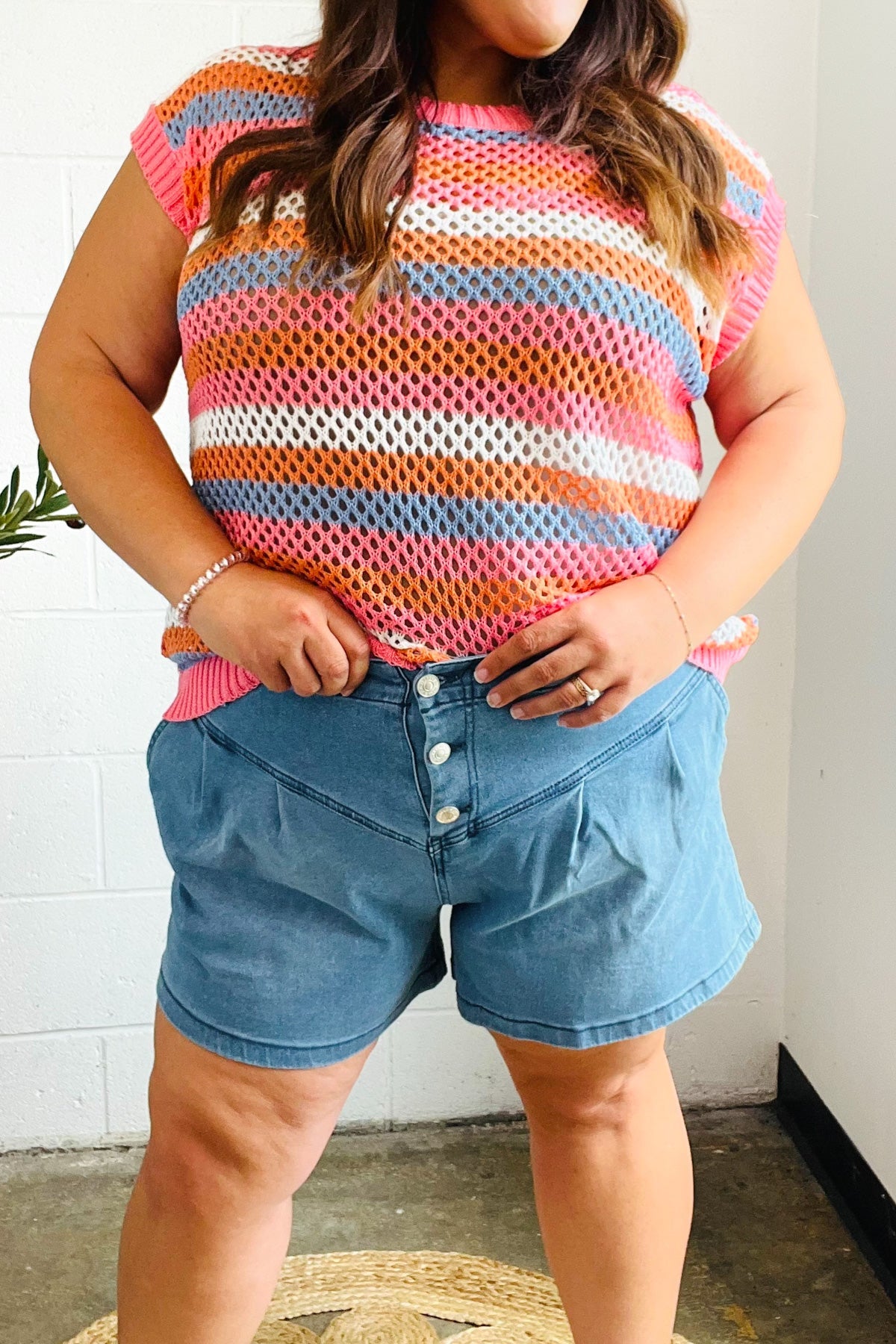 Pretty In Pink & Blue Striped Netted Crochet Dolman Sweater Top