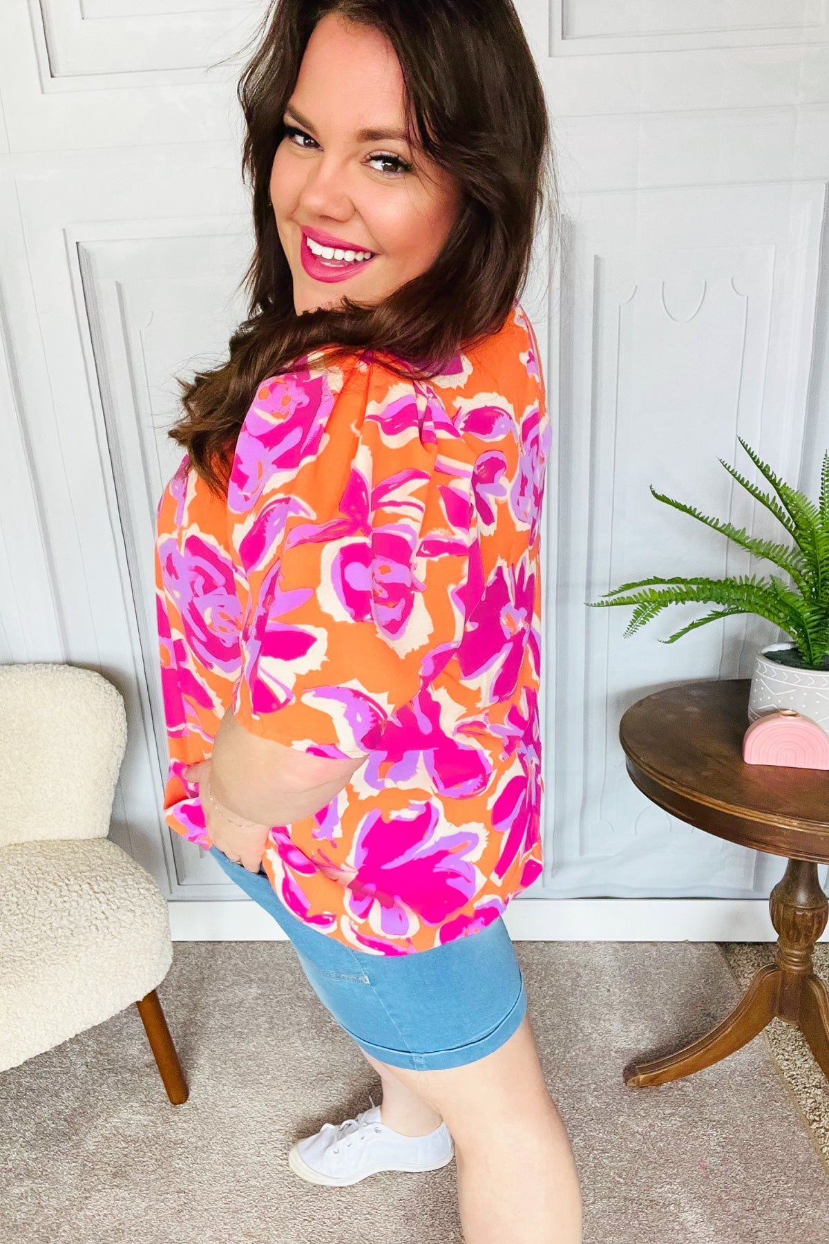 Feel Your Best Fuchsia Orange Floral Print Frill Mock Neck Top