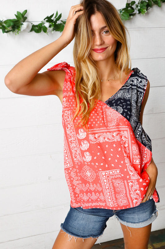 Coral & Navy Paisley Shoulder Tie Top